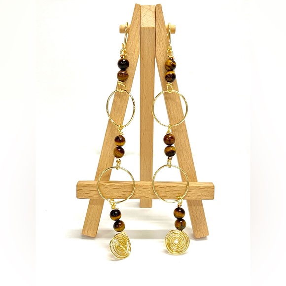 HANDMADE Shoulder Duster Statement Tiger’s Eye Bead Earrings - Picture 4 of 10